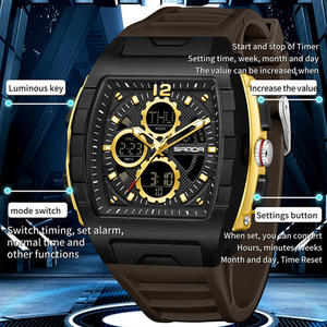 Montre électronique SANDA 3391 en forme de baril à double affichage, compte à rebours, triple fuseau horaire, montre de mode lumineuse, étanche et avec alarme - Product Image 5