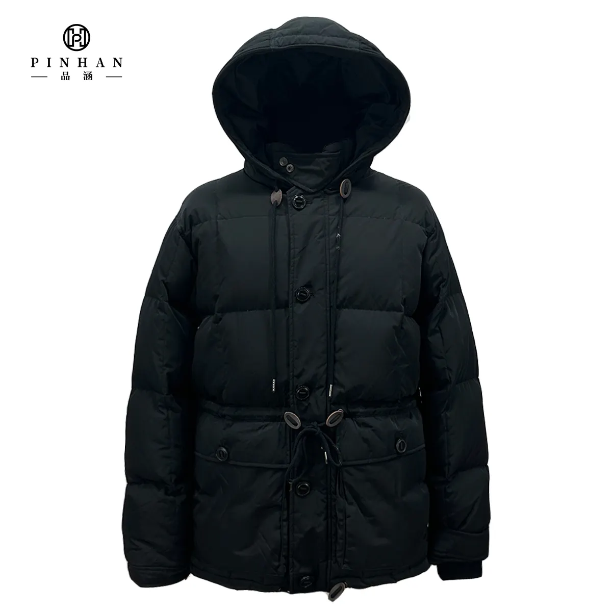 Siyah mat kumaş kış aşağı kapüşonlu ceket bel ayar ipi düz hem çok yönlü