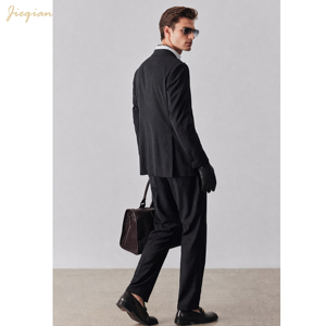 Abito da Uomo su Misura Nero a Righe Sottili |   Smoking da Sposo in Misto Lana Premium a 2 Pezzi |   Abbigliamento Formale Slim Fit per Affari - Product Image 4