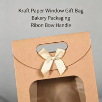 En stock, sac cadeau en papier kraft 260 g/m², boîte d'emballage pour pâtisserie, fenêtre transparente, couvercle à nœud papillon, petit sac cadeau créatif de couleur unie