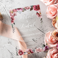 Carte d'Invitation de Mariage en Acrylique Transparent Fleurie Imprimée 5x7 Pouces Faite Main de Luxe Personnalisée Avec Enveloppe en Papier Calque