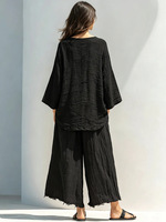 Setelan Linen Wanita Grosir 2 Potong Gaya Boho Atasan Tunik Oversize Celana Kaki Lebar Setelan Serasi Pakaian Linen Kuning Mustard Kasual Musim Panas