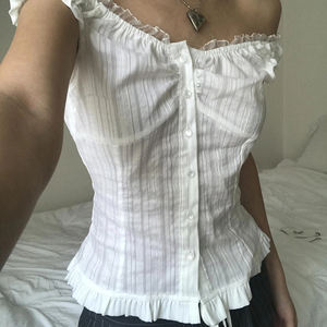 Camiseta Francesa Vintage a Rayas, con Botones y Hombros Descubiertos, Corte Ajustado y Ligero, Estilo Camisa para Mujer, Atuendo Casual - Product Image 6