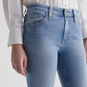 Jeans droits en denim super extensible indigo clair taille haute pour femmes OEM, respirants, broderie, franges, ourlet brut, longueur cheville, vente en gros - Product Image 2