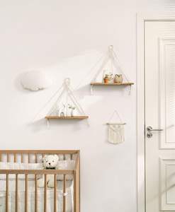 Modern Macrame Hanging <strong>Shelves</strong> Rustic <strong>Wood</strong> Floating Storage Set 2 Bedroom Bathroom Kitchen Wardrobe Living Room Nursery Dorm - Product Image 5
