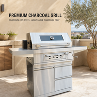 Barbecue au charbon de bois autoportant pour extérieur avec portes d'armoire et tiroir, grilles en acier inoxydable 304 de 8 mm, tables latérales et 4 roues