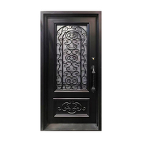 Porte d'entrée double en fer noir avec verre dépoli pour l'extérieur