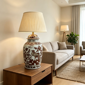 Lampada da Tavolo Tradizionale Asiatica Oversize 84cm, Corpo in Ceramica <span class=keywords><strong>Marrone</strong></span> con Fenice e Fiori, <span class=keywords><strong>Paralume</strong></span> Plissettato per Lobby e Hotel - Product Image 5