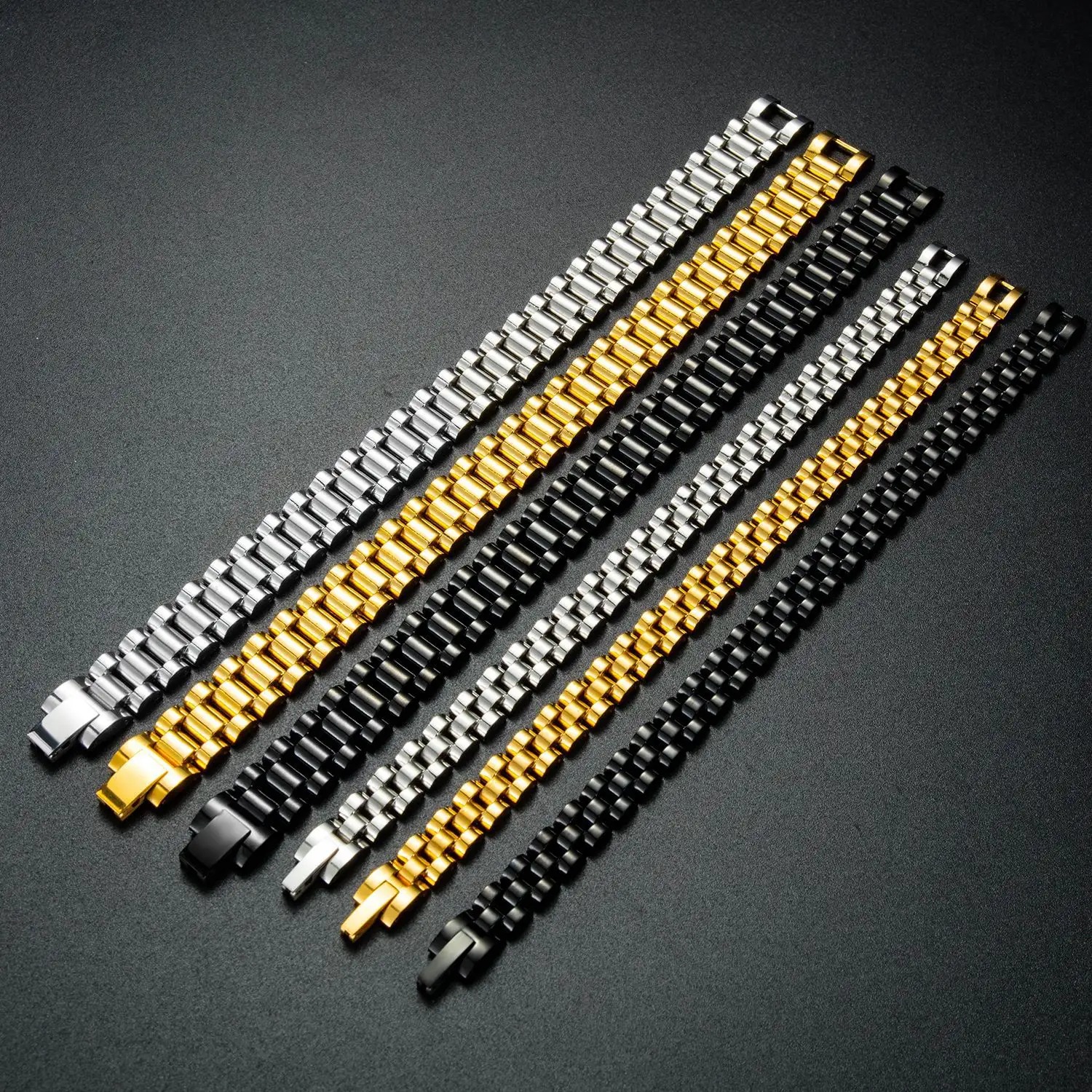 Hot Selling High Quality Stainless Steel Mens Jewelry Silver Black Gold Link Chain Bracelet Fashion Watch Band Bracelets for Men