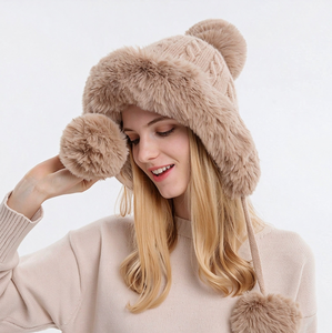 Nouveau bonnet en polaire épais tricoté unisexe avec grand col à capuche, motif camouflage, trois pompons en fourrure et 7 couleurs unies pour l'hiver - Product Image 2