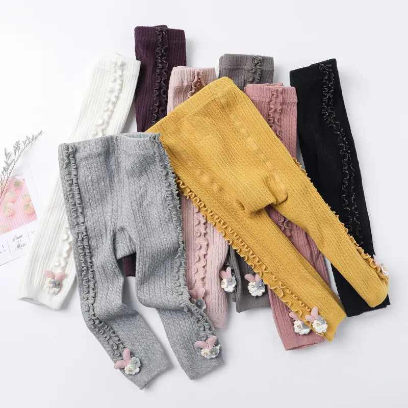 Wholesale Hot Sale Fashion Side Ruffle Baby Pants Cute Rabbit Accessory Soft Cotton Knits Girls Kids Leggings