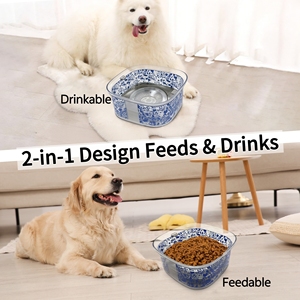 Bol à eau flottant pour chien en <span class=keywords><strong>porcelaine</strong></span> bleue et blanche <span class=keywords><strong>de</strong></span> style chinois 2L, bol anti-éclaboussures pour chien avec disque flottant - Product Image 6