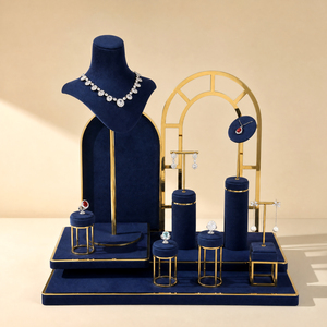 Zebopak - Juego de Soportes de Exhibición de Joyería en Forma de Arco de Metal Dorado y Terciopelo Azul Marino para Collares, Pendientes y Anillos, Proveedor para Boutiques - Product Image 1