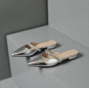 Nuevas zapatillas elegantes de <span class=keywords><strong>verano</strong></span> con punta en pico, sandalias de Mula sin cordones para mujer, Sandalias planas con cadena plateada y tacón plano, zapatillas - Product Image 2