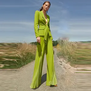 Guangzhou Supplier Green Women Long Sleeves Suits Plus Size Fashion Ladies Two Pieces Pants Suits