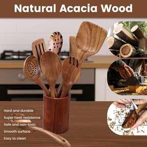 Acacia Wood Kitchen Cooking Utensils Set with Spatula Slotted Pasta Spoon Dishwasher & Food Safe - Product Image 3