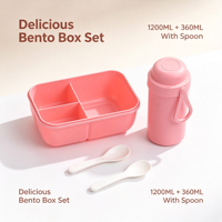 Boîte à lunch bento 3 compartiments 200 ml avec bouteille d'eau 360 ml et cuillère, en PP de qualité alimentaire, anti-fuite