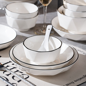 Gốm trắng Bát và tấm với màu đen rim Set khách sạn nhà hàng phòng ăn súp món ăn Bộ đồ ăn Bộ - Product Image 3