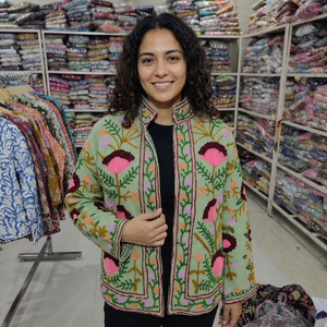 Women's Embroidered Floral Jacket Green With Pink And Purple Flowers Long Sleeve Traditional Style <b>gift</b> for her - Product Image 1