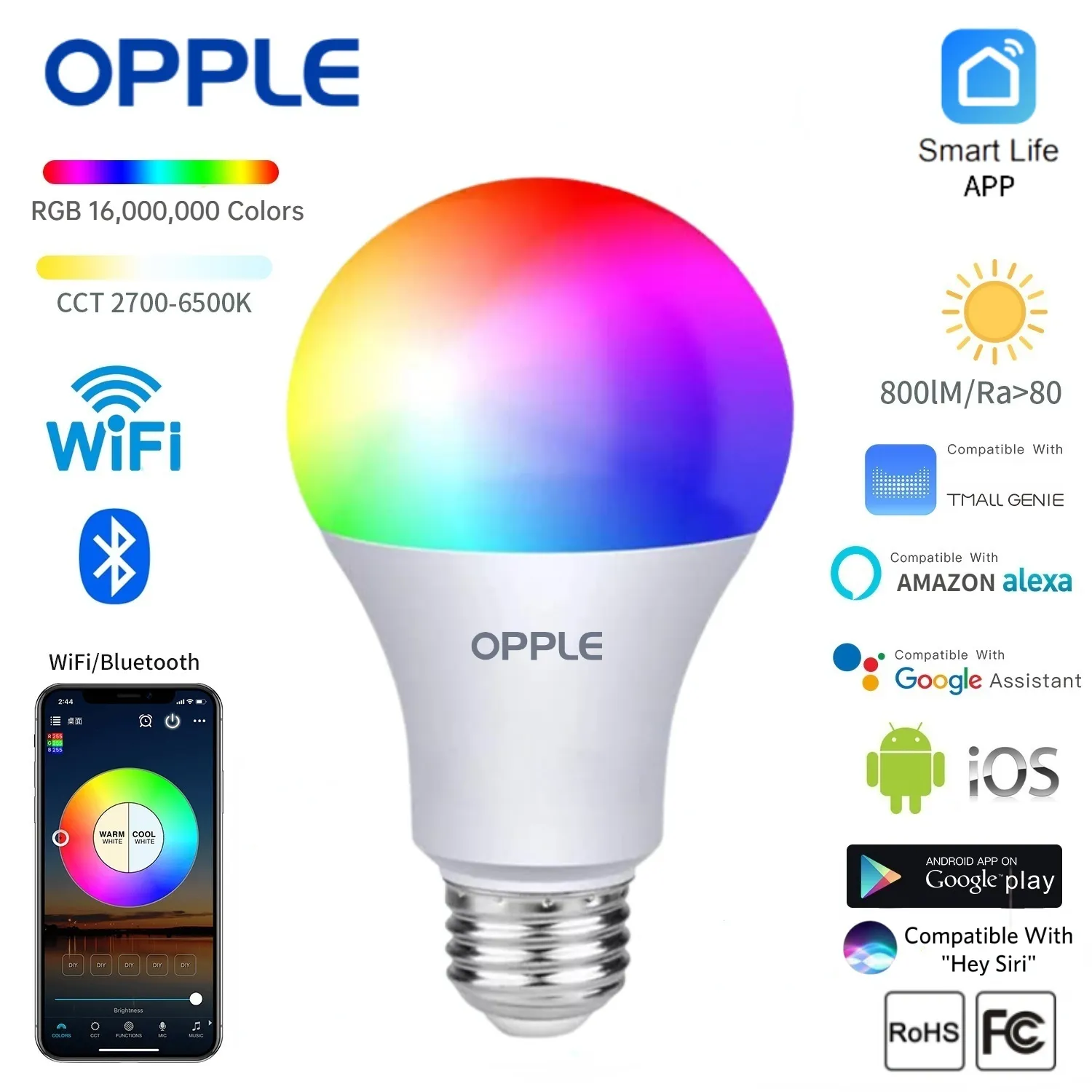 مصباح OPPLE LED V-V للمنزل الذكي 9 واط بلوتوث التحكم الصوتي عكس الضوء مكبر صوت اليكسكا ضوء جوجل سيري E26/E27 مصباح RGB الذكي