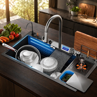 Évier de cuisine noir amélioré en acier inoxydable brossé nano, à cuve unique, avec robinet cascade extractible et poubelle intégrée, pour usage hôtelier