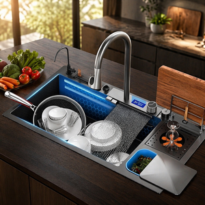 Évier <span class=keywords><strong>de</strong></span> <span class=keywords><strong>cuisine</strong></span> <span class=keywords><strong>noir</strong></span> amélioré en acier inoxydable brossé nano, à cuve unique, avec robinet cascade extractible et poubelle intégrée, pour usage hôtelier - Product Image 1