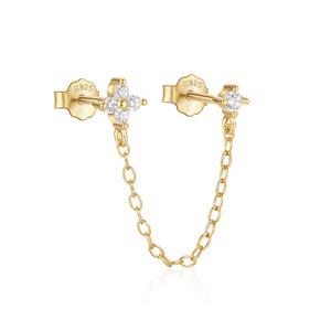 Pendientes CANNER de Plata de Ley 925 con Doble Poste, Baño de Oro de 18K, Flor de Circonita Cúbica y Cadena Colgante, Pendientes de Dos Agujeros - Product Image 1