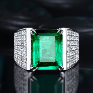 합성 에메랄드 8캐럿 합성 에메랄드 남성용 오픈 링, 18k 지르콘 컬러드 젬스톤 링 - Product Image 1