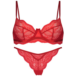 Wholesale Women's Red Lace 3D Embroidery Breathable Lingerie <b>Set</b> Eyelash Trim Underwire Sheer Bra Thong <b>Sexy</b> French Style Womens - Product Image 4