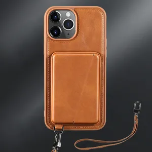 Wholesale Stand PU Leather Card Holder Wrist Strap Magnetic Mobile Phone Case For Samsung S20 S21 S22 S23 iPhone 11 12 13 14 15