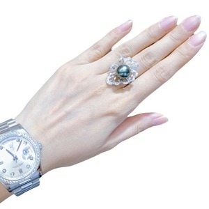 Bague élégante et luxueuse en argent pur avec perle naturelle ronde vert paon de 11 à 12 mm, presque sans défaut, cadeau parfait - Product Image 5