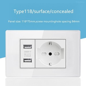 Prise murale double USB type C en verre trempé, norme allemande, avec interrupteur et trois prises de courant - Product Image 6