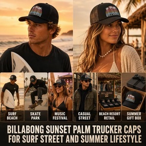 หมวกแก๊ปตาข่ายทรง Trucker ลายต้นปาล์มยามอาทิตย์อัสดง Billabong แบบวินเทจ สำหรับเล่นเซิร์ฟ ขายส่งจากโรงงาน รับผลิตแบบ OEM ขั้นต่ำสั่งซื้อน้อย - Product Image 2