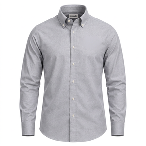 Chemise habillée grise à manches longues pour homme, col boutonné, logo brodé, couleur unie, coupe ajustée élégante, EOM - Product Image 1