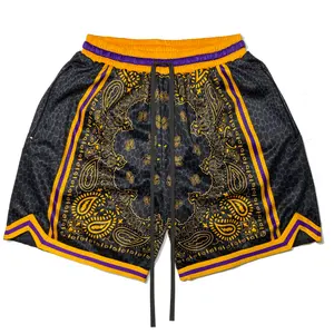 Pantalones cortos de baloncesto de malla con logotipo personalizado para hombre, bandana retro de talla grande, bandana de retales, bordado de Cachemira