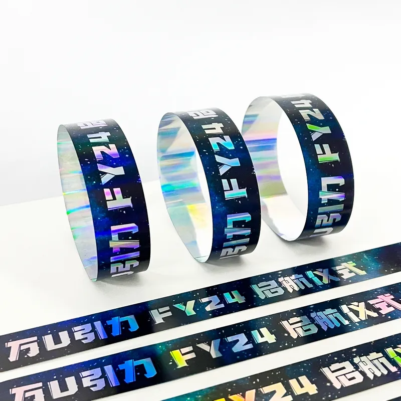 Pulsera holográfica de fiesta de alta calidad personalizada de los fabricantes, pulsera de entrada de concierto con logotipo