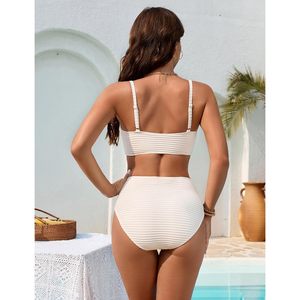 Conjunto de bikini de cintura alta para mujer, traje de baño de dos piezas con textura y control de abdomen, cuello pronunciado, push-up, ropa de playa - Product Image 2