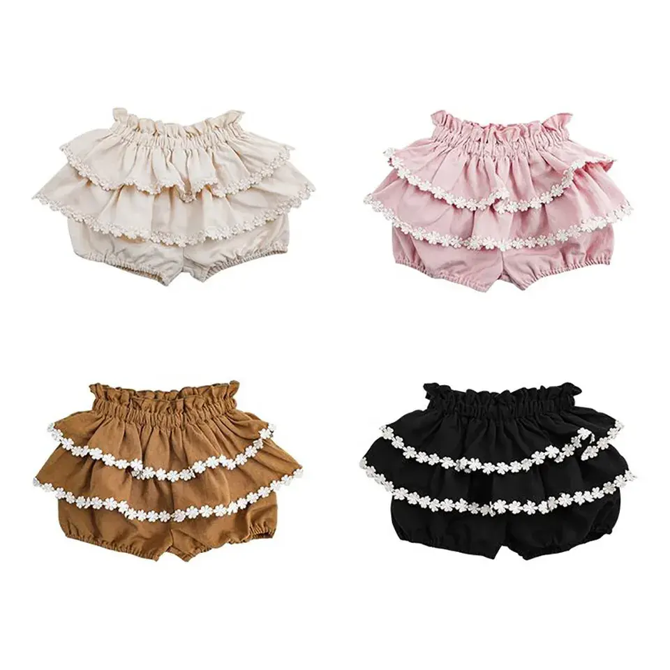 2022 Sommer hohe Taille Doppel-Rufel Spitzen-Baumwollshorts für Mädchen süßer Stil Kleinkinder Kinder Blumenjacke mit elastischer Taille