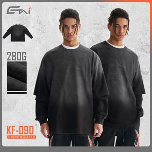 Camiseta de manga larga de doble capa con mangas de llama gráfica con estampado completo desgastado de gran tamaño personalizado - Product Image 1