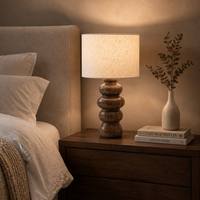 Lampe de table en céramique effet bois, base monobloc ondulée, abat-jour en lin naturel, style Japandi nordique, décoration de chambre à coucher, E27