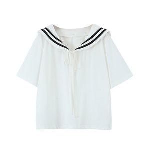 Chemisier Femme Grande Taille Runqi N8623 à Col Marin Manches Courtes Blanc Coton Couleur Unie avec Détails Patch - Product Image 3