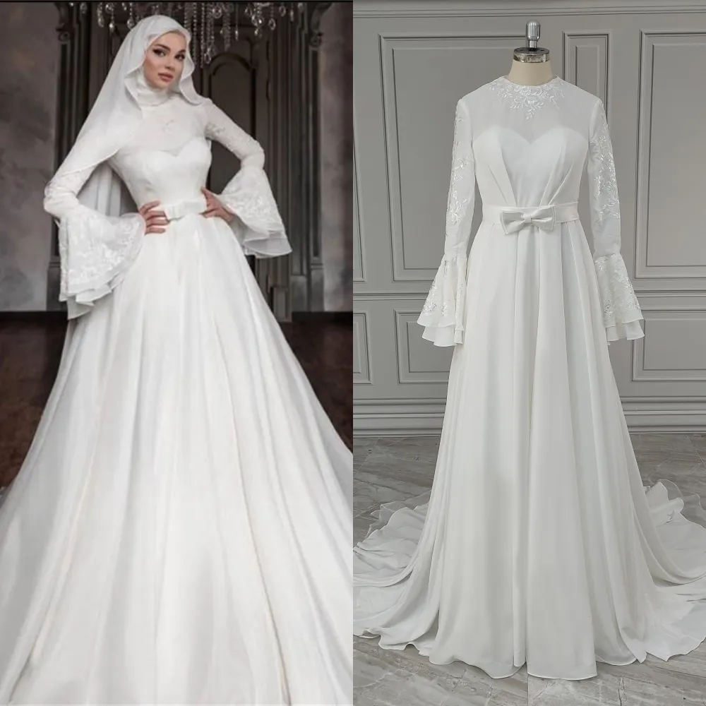 15572 # hình ảnh thực sự Dubai Flare sleevs A-line voan Wedding Dress Sweep Train cô dâu Gown với appliques cho phụ nữ với chiếc khăn