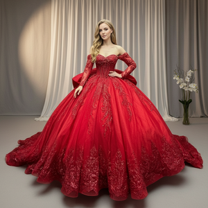 Abito da ballo Quinceanera in chiffon rosso brillante, lungo fino al pavimento, con farfalle, Vestidos De 15 Anos per Miss XV, abito da sera da donna - Product Image 1