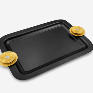 Bandeja de servicio redonda negra con asa, bandeja de metal blanca para hotel de lujo, bandeja de servicio antigua - Product Image 1