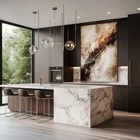 Meubles de cuisine modernes modulaires en bois massif avec portes vitrées, îlot de cuisine et crédence écologiques