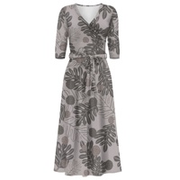 Robe longue maxi décontractée pour femme, grande taille, style vintage gris tropical, semi-formelle, pour l'été, col en V, manches 3/4, avec ceinture
