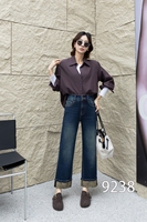 Jean droit bleu classique de haute qualité pour femme, taille haute élastique, coupe légèrement cintrée, effet vieilli, doux et confortable, grandes tailles
