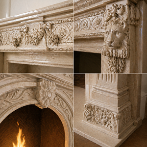 Chimenea tradicional de mármol con tallado ornamentado, de piedra arenisca beige, para interiores, con estufa de leña para comedor. - Product Image 3