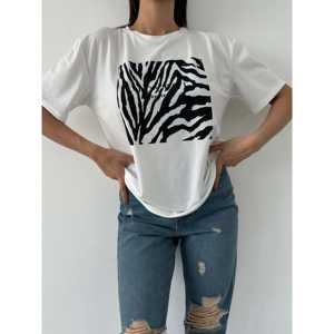 เสื้อยืดพิมพ์ลายพื้นฐานสำหรับผู้หญิง แขนสั้น ผ้าเจอร์ซีย์ ระบายอากาศได้ดี น้ำหนัก 220 กรัม สีขาว ลายม้าลาย - Product Image 4