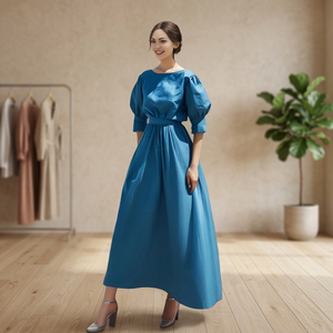 Vestido Midi Azul Satinado con Cuello en V, Manga Campana, Corte A, Cintura Alta, Cinturón, Ajuste Holgado, Casual, Para Todas las Estaciones, Liso Teñido, Hecho a Mano, con Lazo para Mujer - Product Image 3